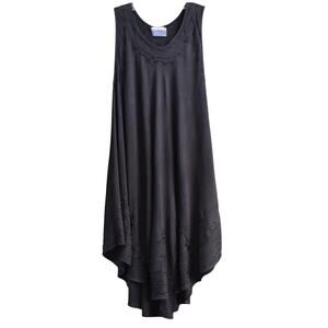 Embroidered Beach Sun Dress Black Rayon Uneven Hem Size L Groovy Bay